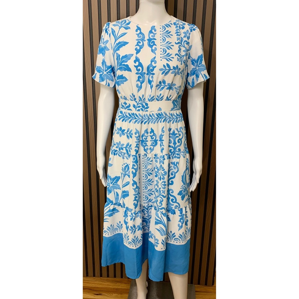 Ann Taylor Blue White Floral Damask Tiered Midi Dress Short Sleeve Size 0